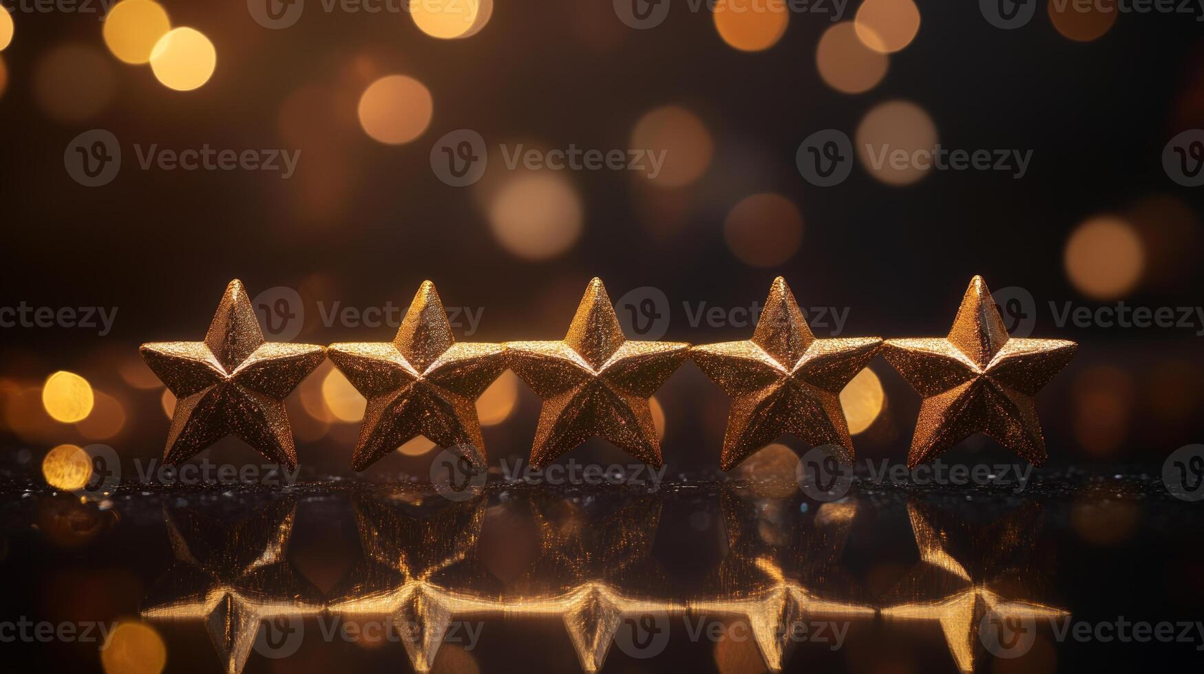 Golden five star rating displayed on a black background with bokeh and reflections representing excellent customer service experience photo