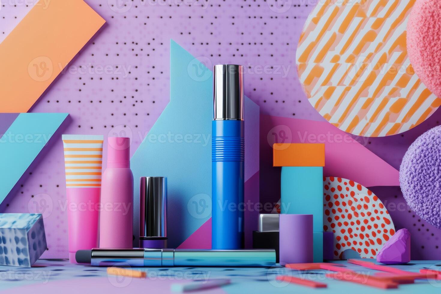 Colorful makeup products arranged artistically on a geometric background with ample copy space for creative design elements photo