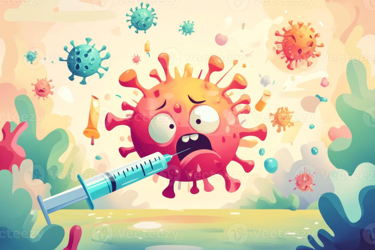 A colorful cartoon virus looks scared as it gets vaccinated with a syringe in a whimsical scene promoting health and vaccination for children photo