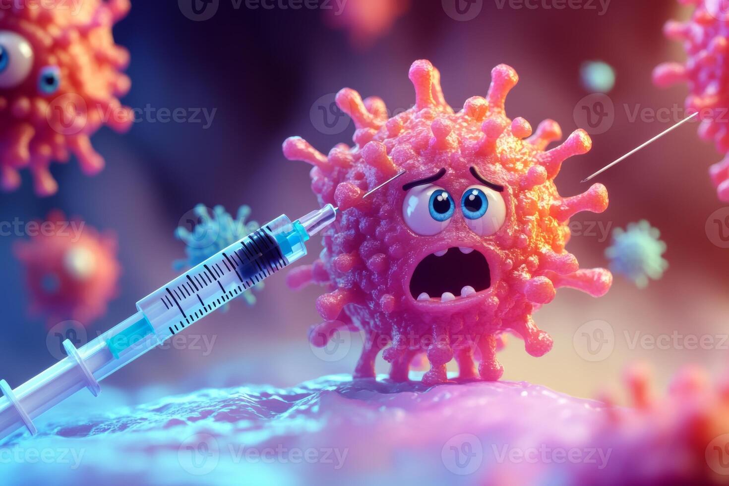 Colorful cartoon of a scared virus being vaccinated, illustrating the benefits of vaccinations for children's health photo