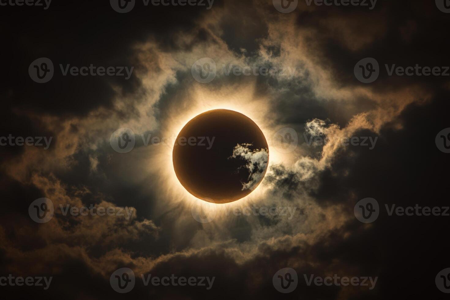 Stunning solar eclipse casts a dramatic shadow over clouds with radiant halo effect in the sky photo