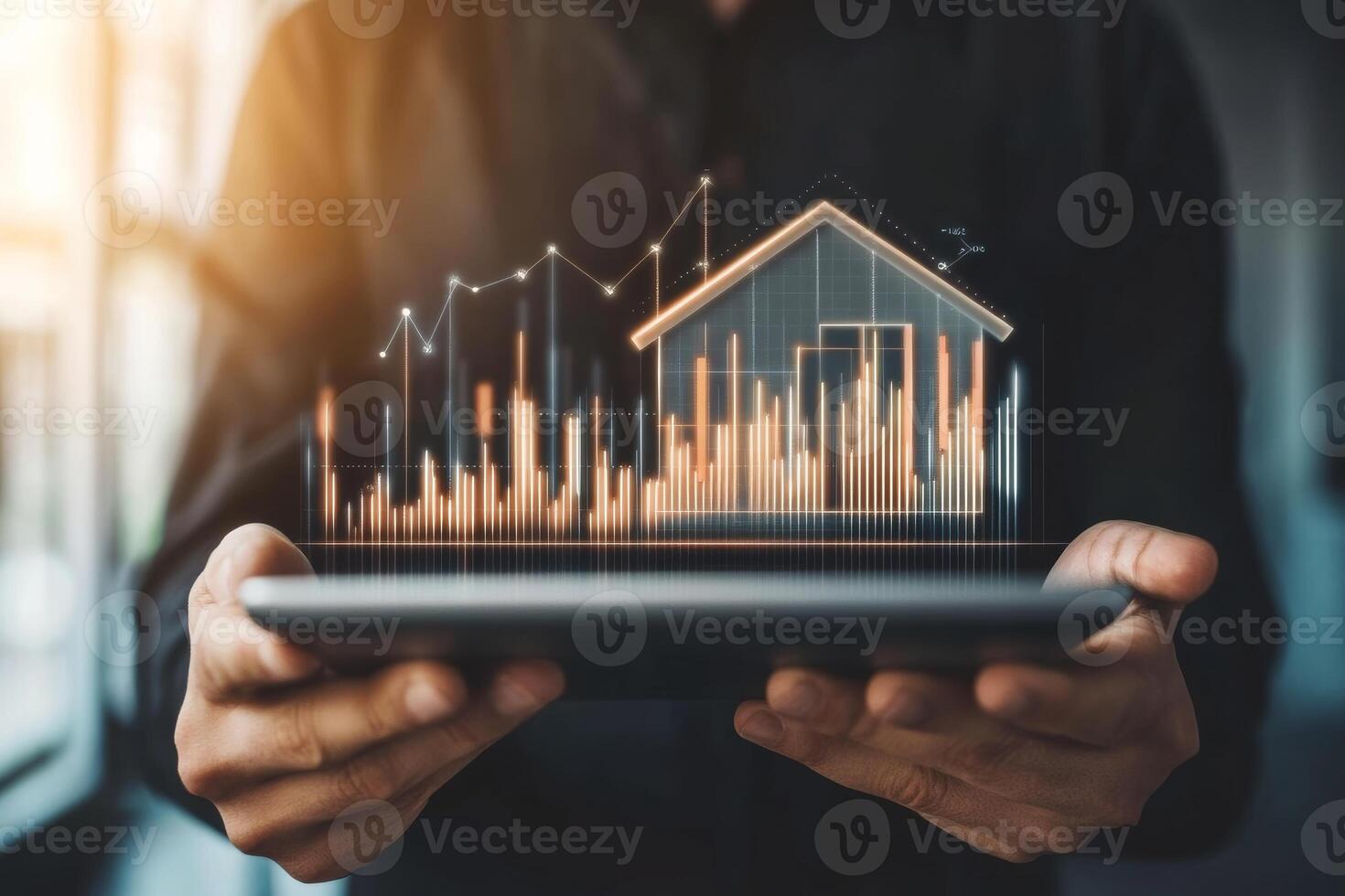 Businessman presenting digital house model on tablet with rising graphs to illustrate real estate investment growth in a modern office photo