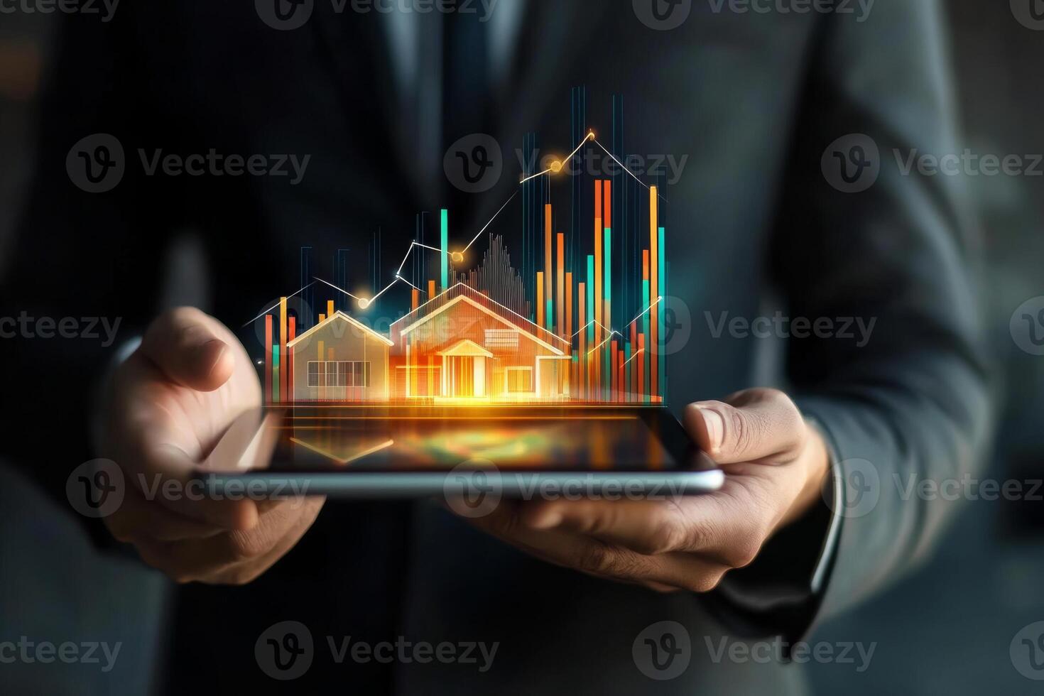 A businessman showcases a digital house model on a tablet while presenting rising graphs indicating growth in real estate investment photo