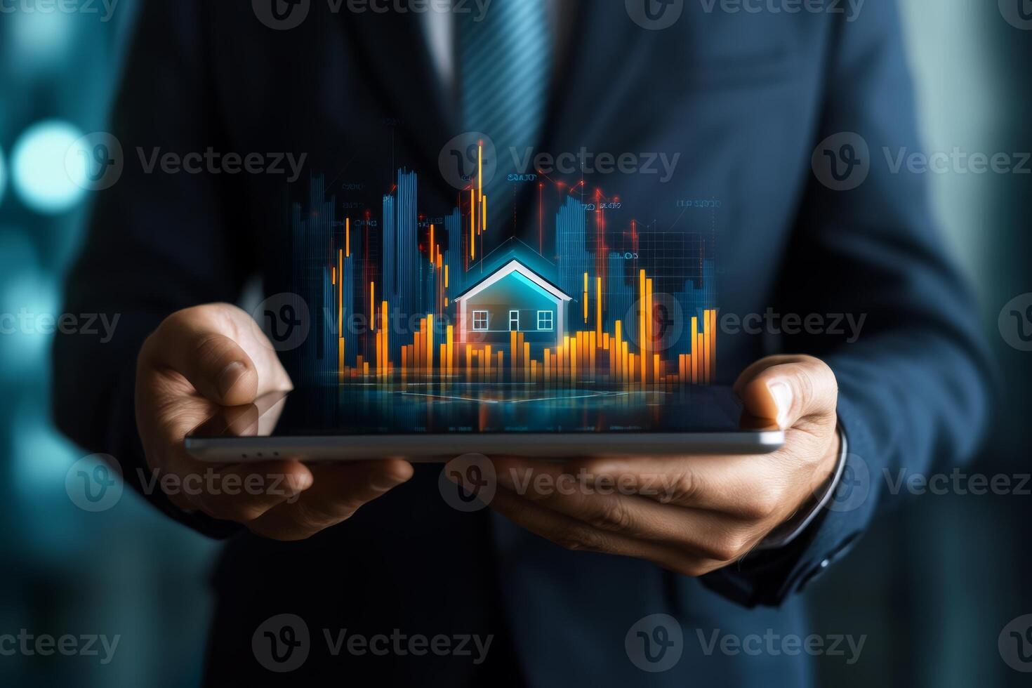Businessman showcasing a digital house model on a tablet with rising graphs, emphasizing growth in real estate investment photo