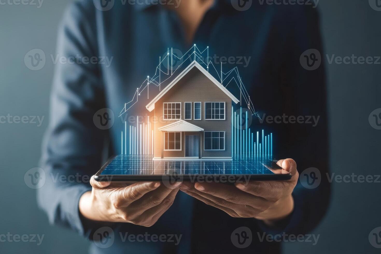 Businessman showcasing a digital house model and rising graphs to illustrate real estate investment trends in a modern office setting photo