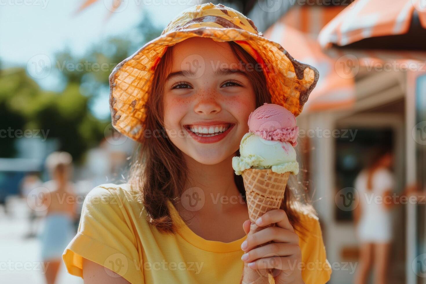 Cheerful girl enjoying a colorful three-scoop ice cream cone at a summer fair, radiating joy and delight photo