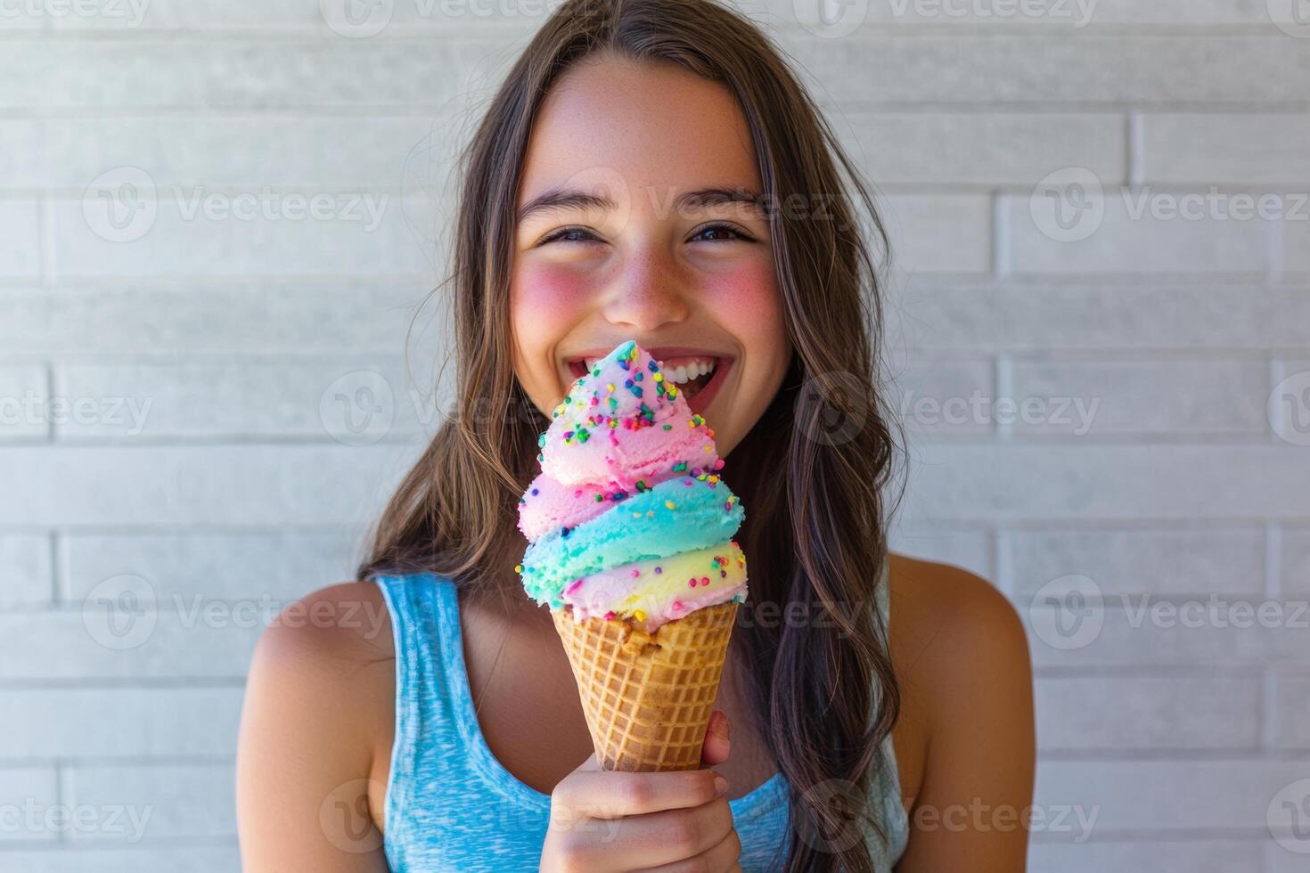 A cheerful girl enjoying a colorful ice cream cone with three scoops on a warm summer day, radiating joy and delight photo