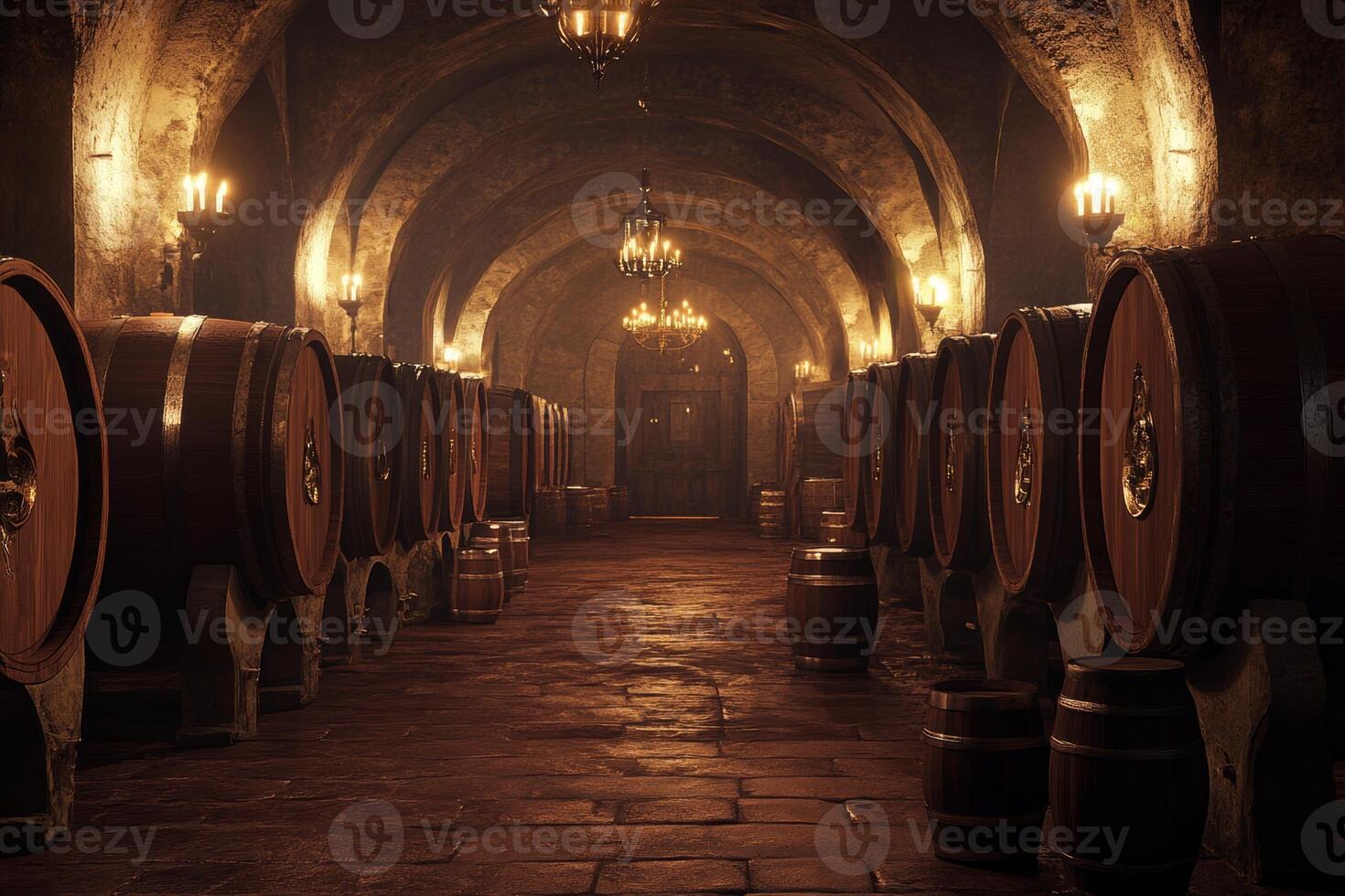 A grand royal wine cellar featuring oak barrels illuminated by flickering torches in an atmospheric historical setting photo