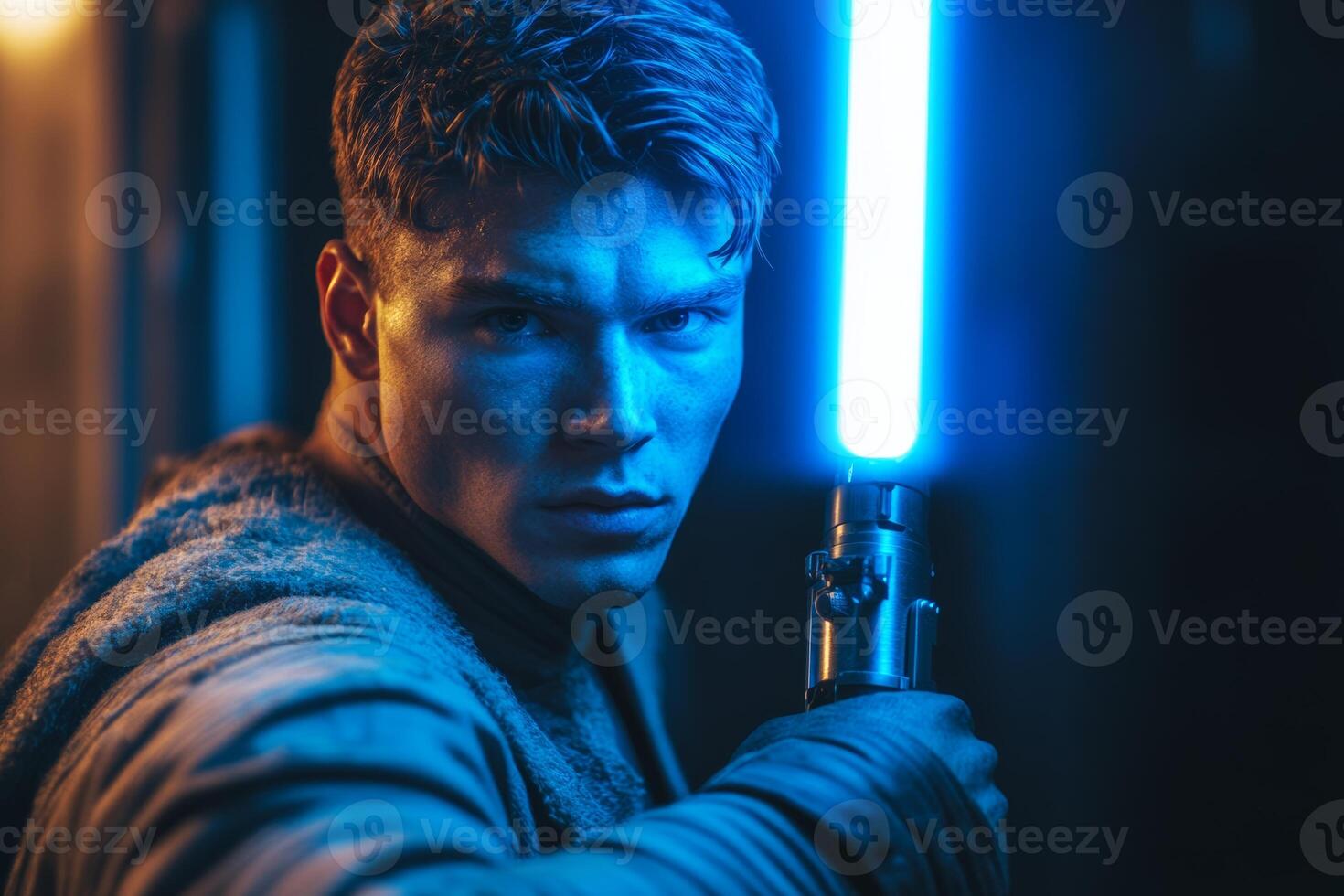 A man confidently wields a bright blue lightsaber in an energetic display of creativity and strength in a dimly lit environment photo