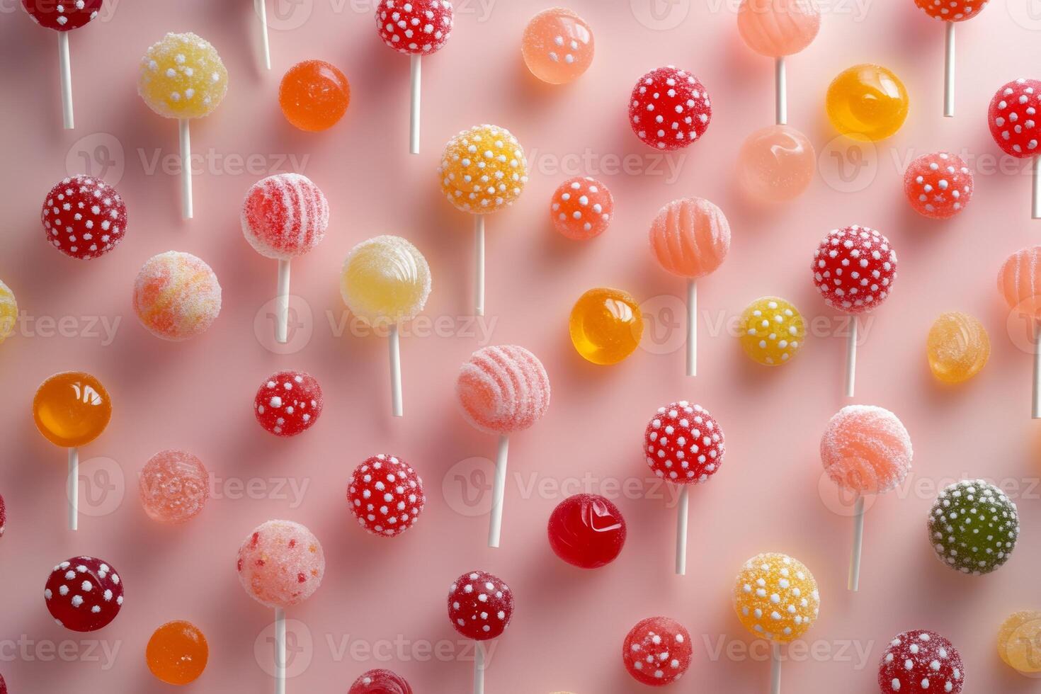 Aerial view of a vibrant collection of fruity lollipops showcasing delightful sweets for treats and desserts photo