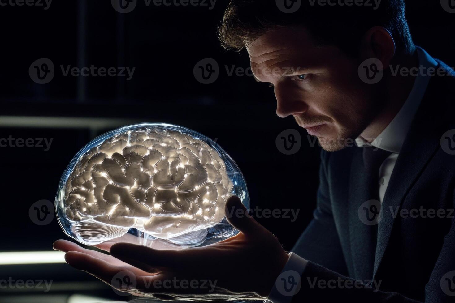 An executive demonstrates an AI brain to highlight human-robot collaboration in future business practices at a corporate event photo