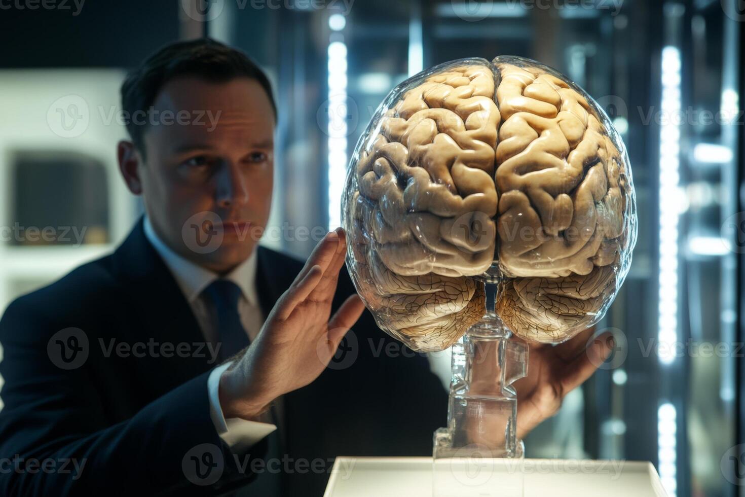 An executive engages with an AI brain, showcasing innovative human-robot collaboration in business settings photo