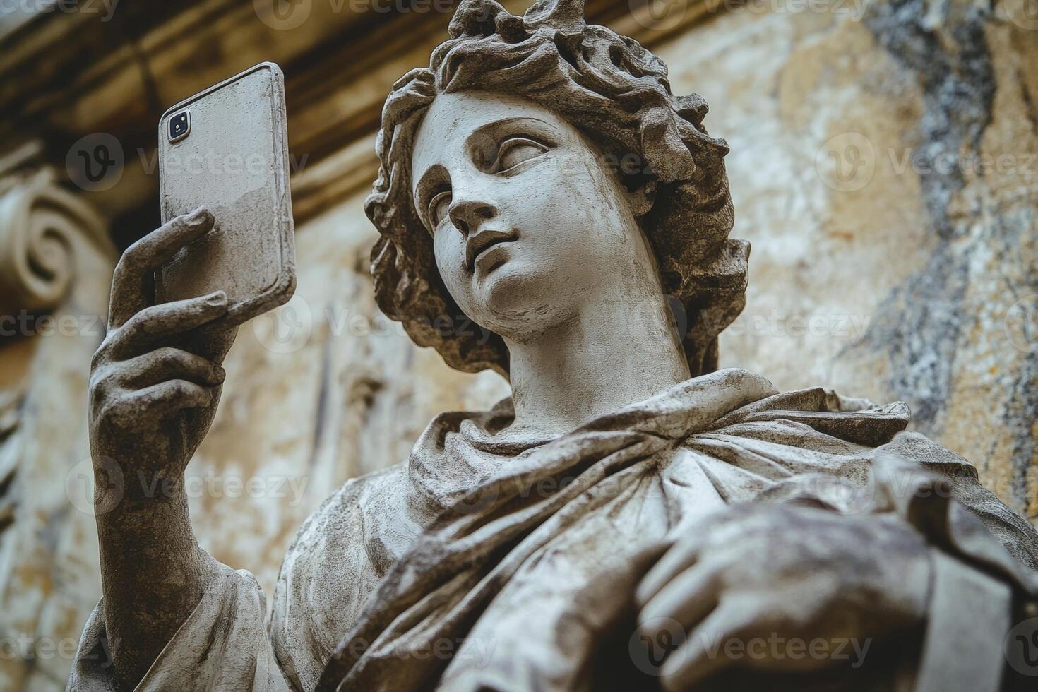 Antique stone statue playfully taking a selfie with a smartphone in an art-filled historical location photo