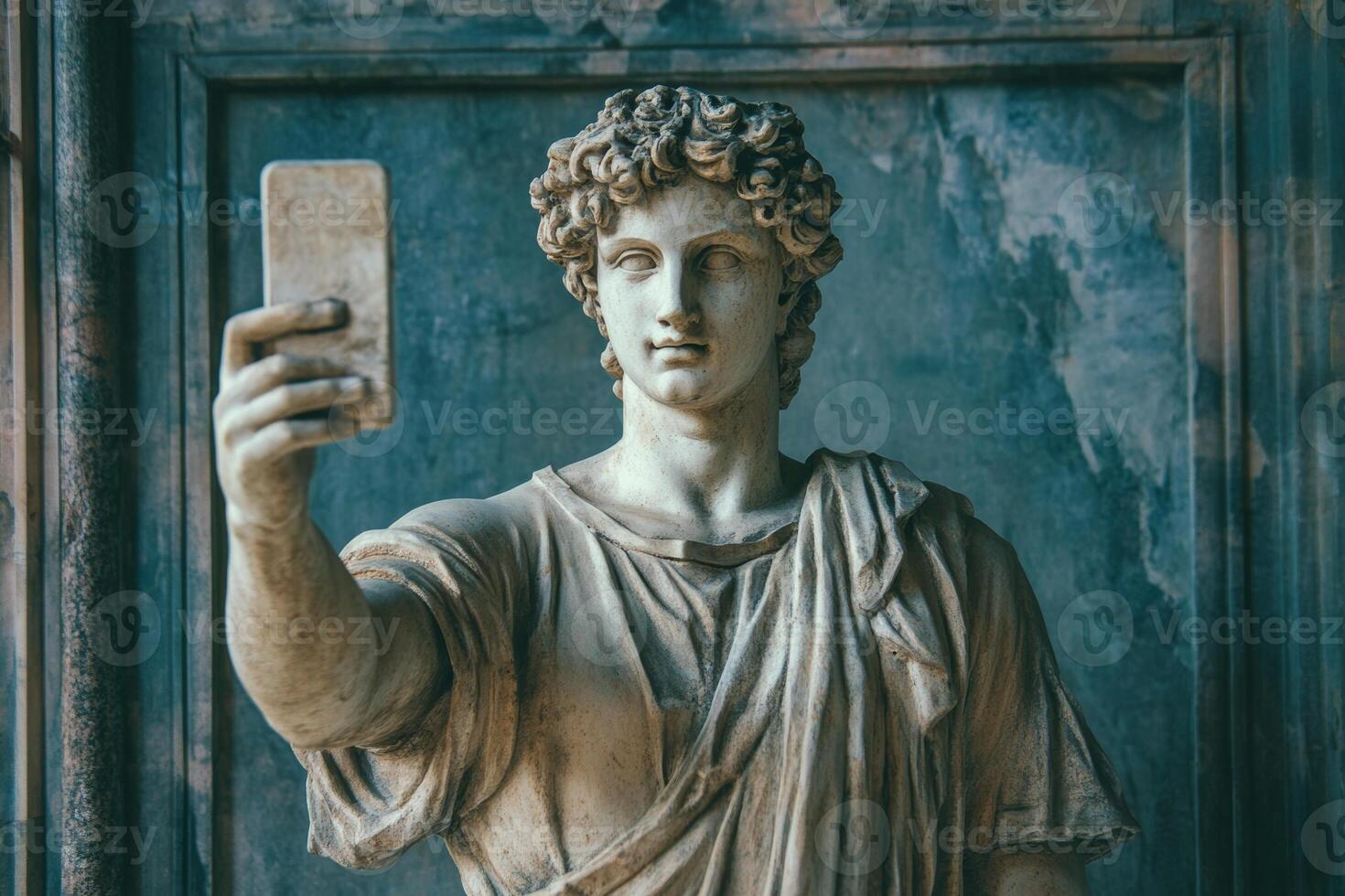 An antique stone statue captures a modern moment taking a selfie with a smartphone against an ornate background photo