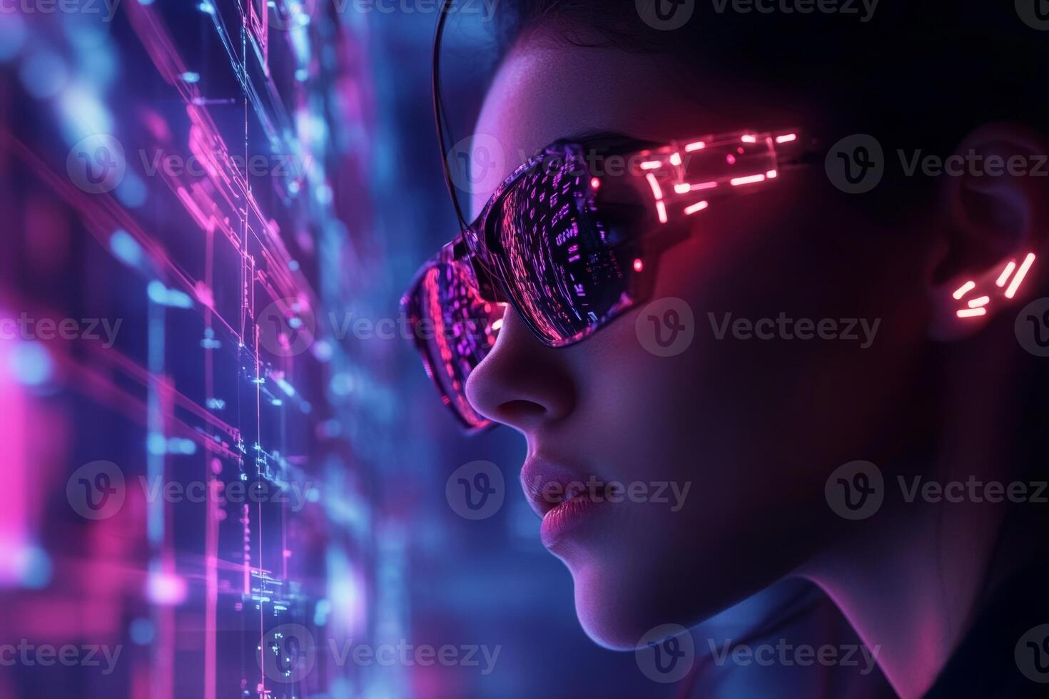 Innovative individual interacting with holographic neon nodes in a futuristic cyber tech environment photo