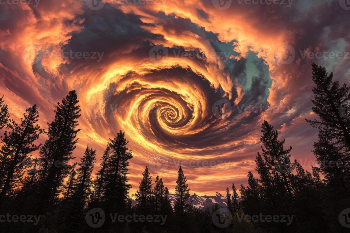Twilight sky adorned with spiral clouds and vibrant colors over a forest during the evening hours photo