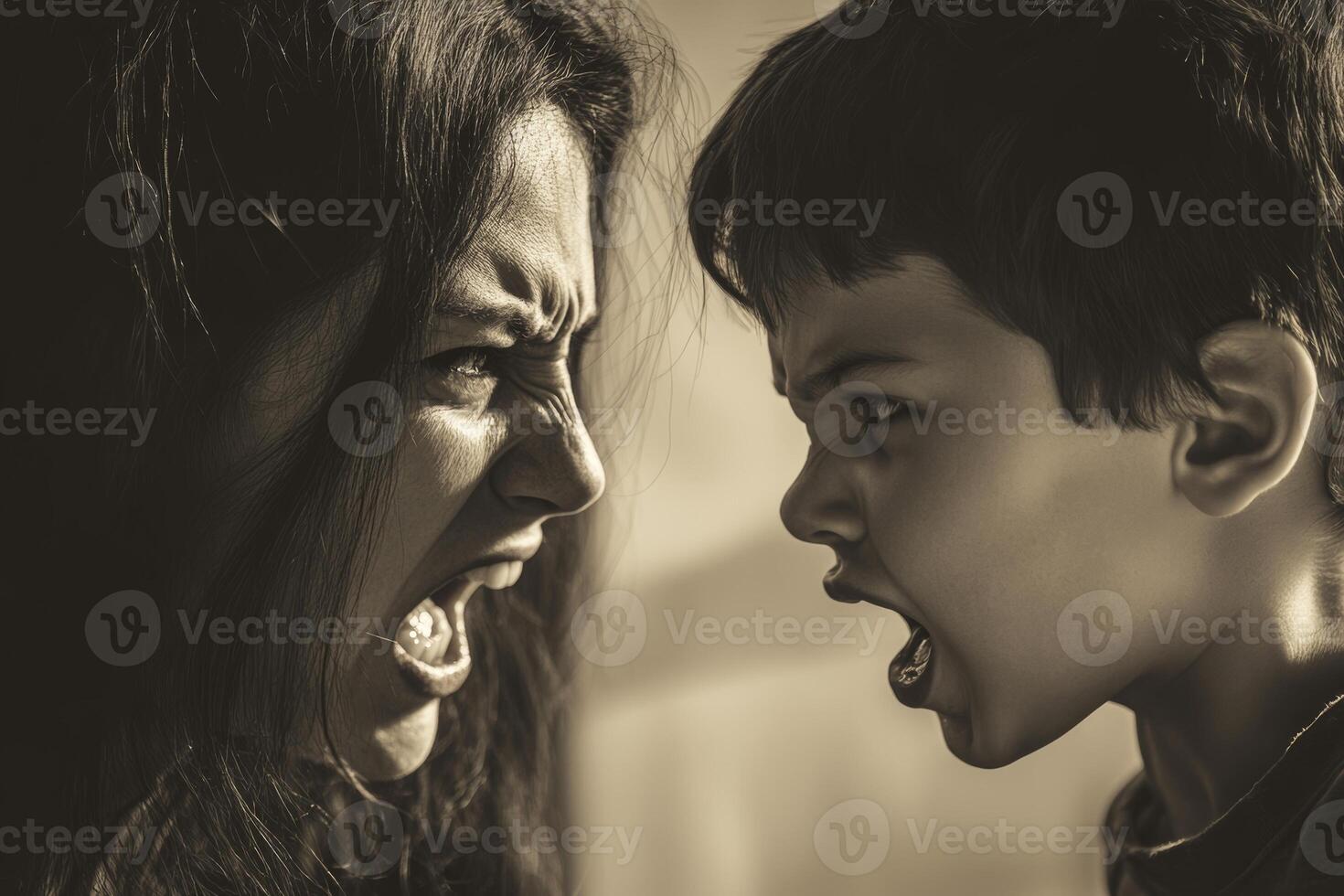 Mother and son arguing in a tense confrontation at home, expressing anger and frustration during a family conflict photo