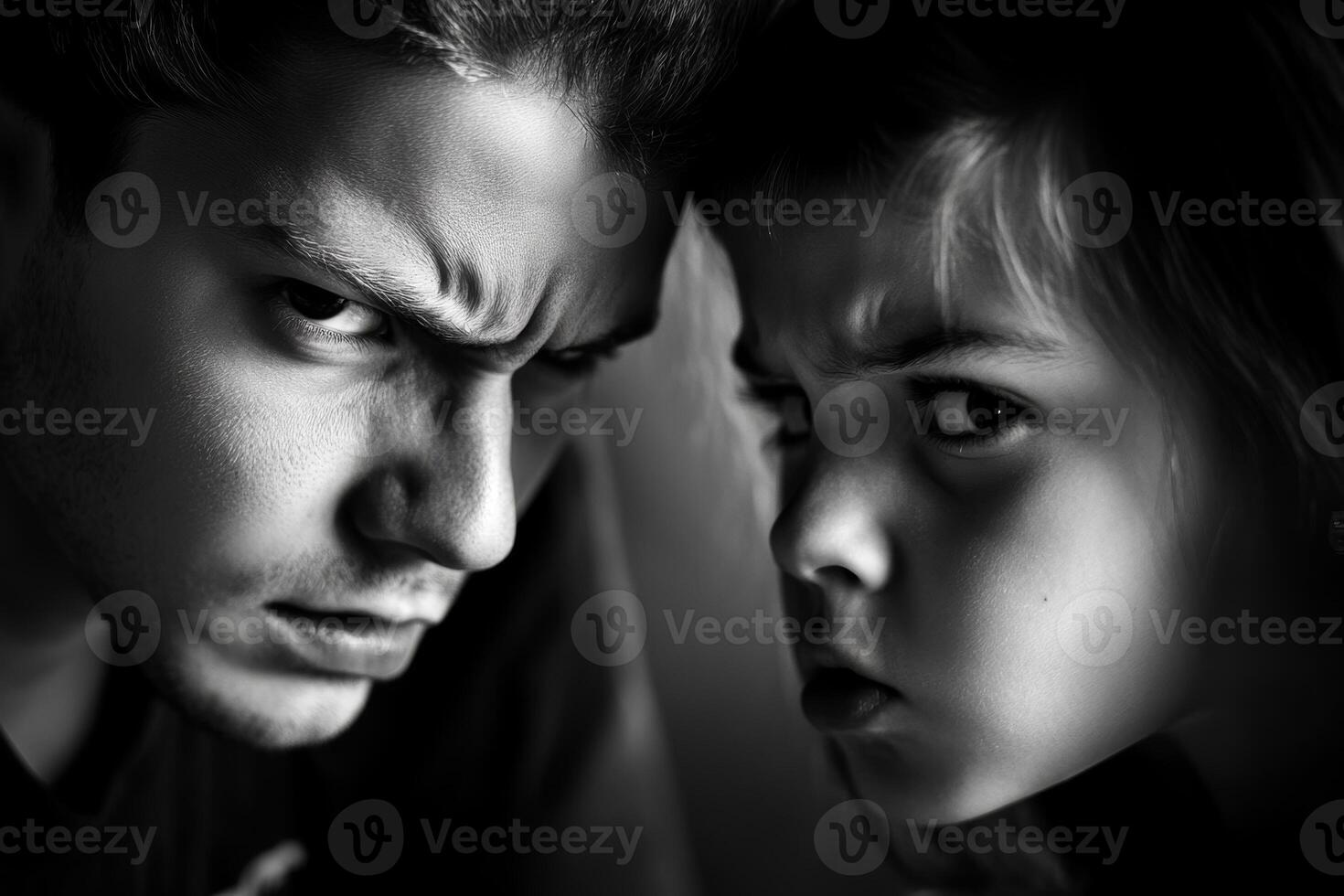 Family conflict between siblings in a tense moment at home showing sadness and anger during childhood photo