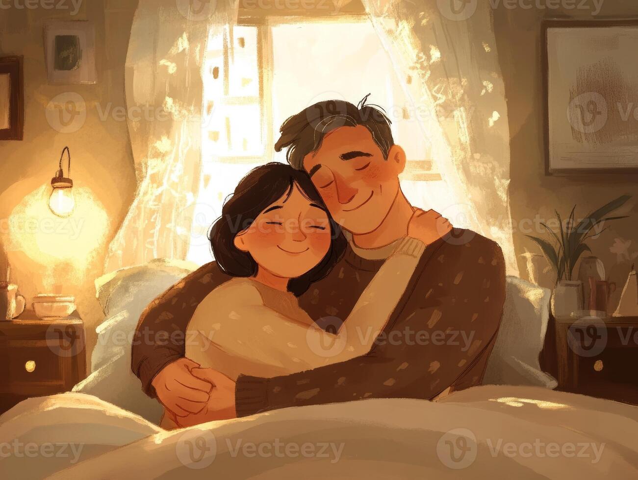 Elderly couple enjoying tender moments together in a warmly lit bedroom filled with neutral tones photo