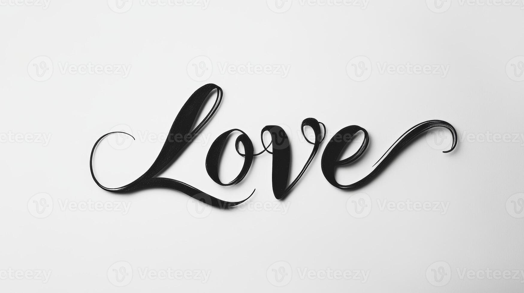 Elegant black cursive text spelling love with a flowing underline on a minimalist white background for romantic themes and messages photo