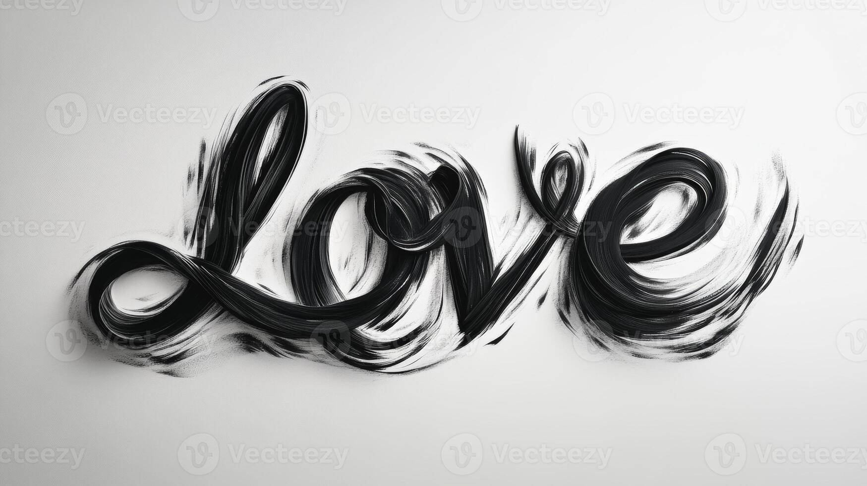 Elegant black cursive text spelling love with a flowing underline on a white background creating a romantic and artistic expression of affection photo