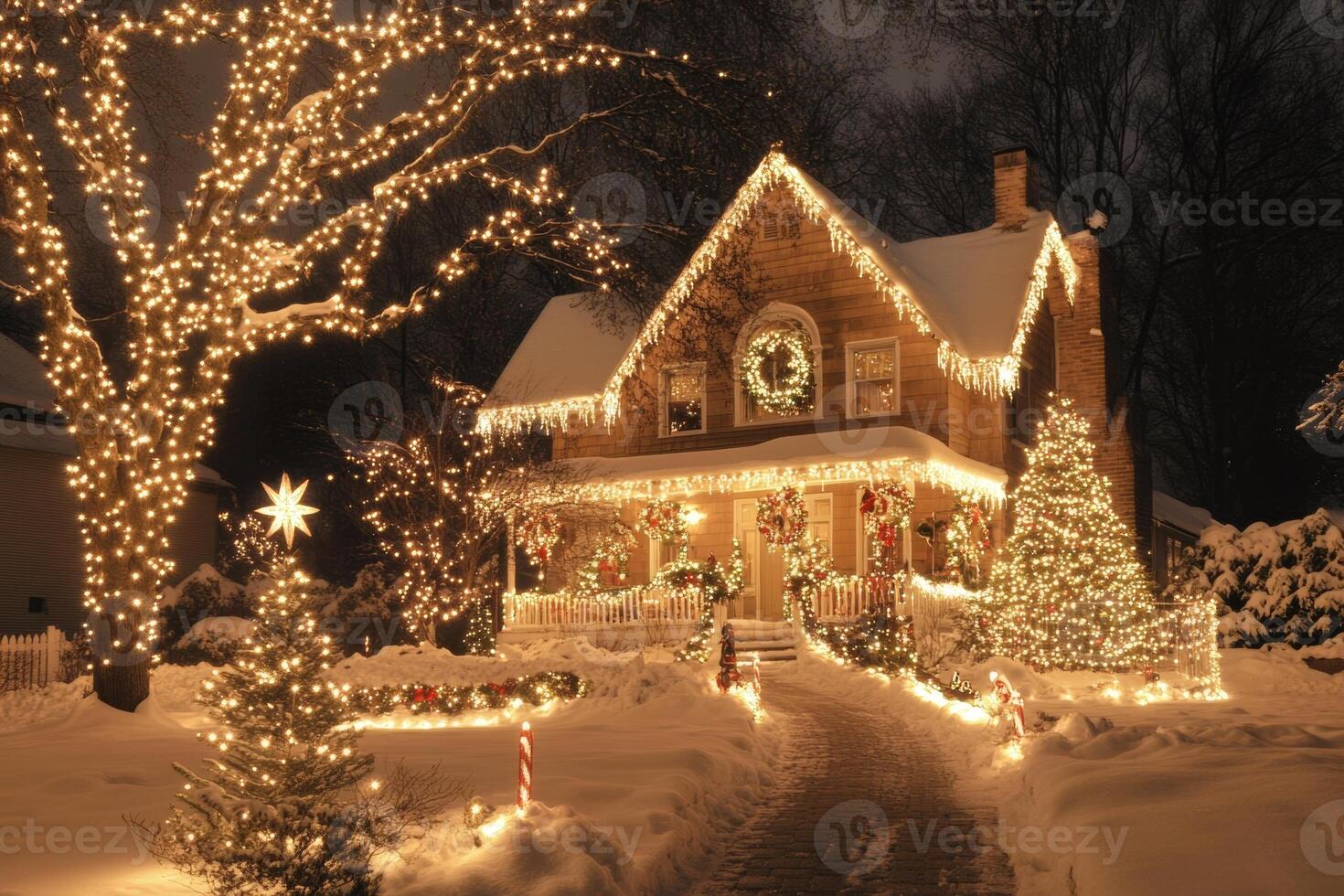 Beautifully decorated home with festive lights and snowy landscape creating a warm holiday ambiance during Christmas night photo