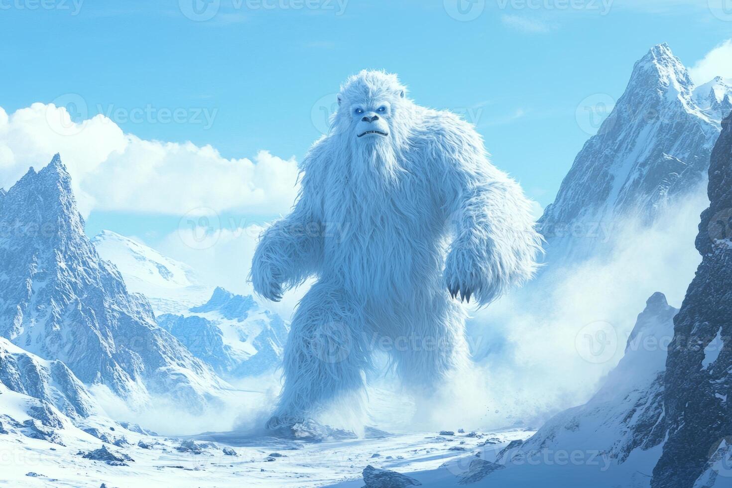 Enigmatic yeti traversing a stunning snowy mountain landscape beneath a clear blue sky photo