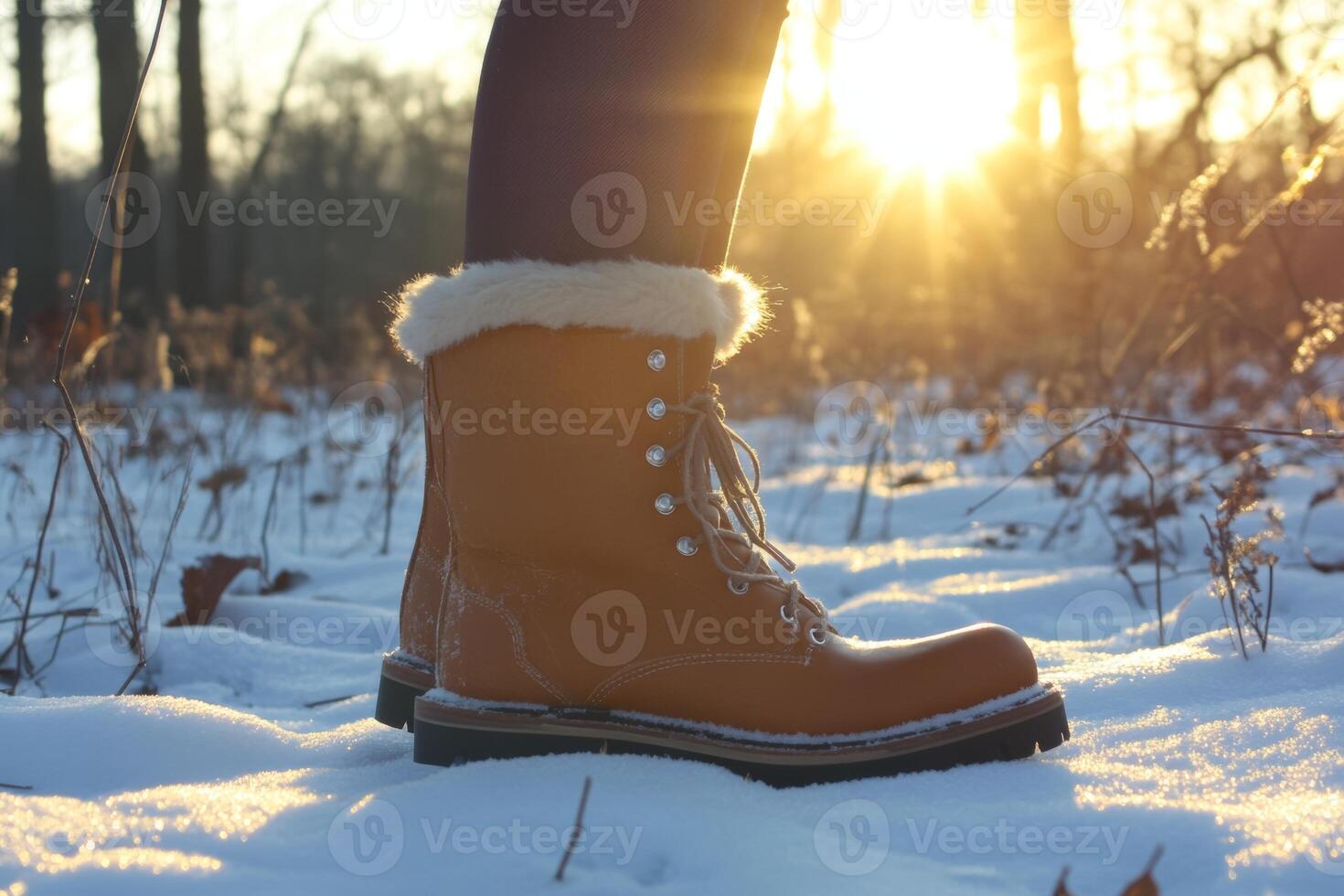 A tranquil winter walk at golden hour with cozy boots in the snowy woods photo