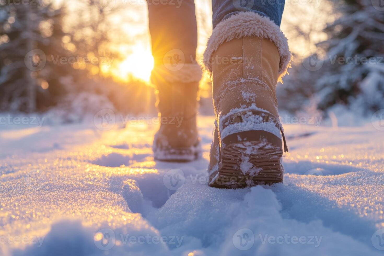 Walking through fresh snow at sunset, wearing cozy boots, enjoying the tranquility of a winter evening photo