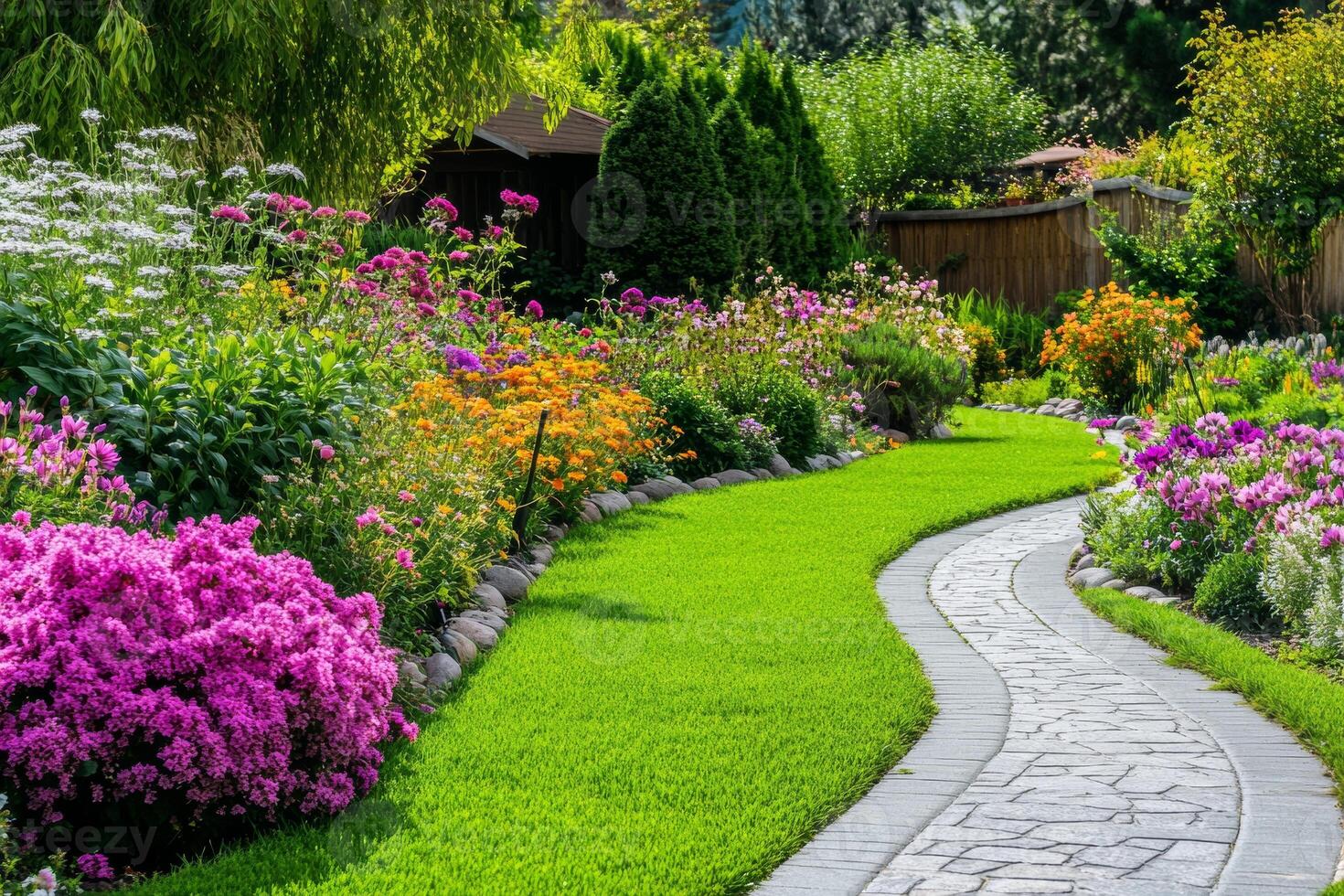Transform your outdoor space with beautiful landscaping that showcases vibrant flowers and a winding stone path in a serene garden setting photo