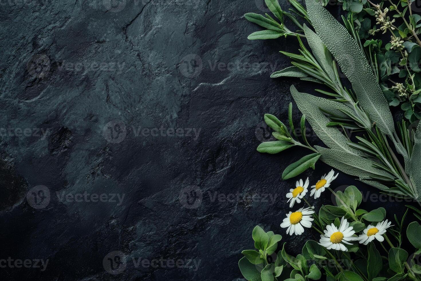 Fresh sage, rosemary, and chamomile herbs beautifully arranged on dark stone, designed for creative projects and culinary inspiration photo