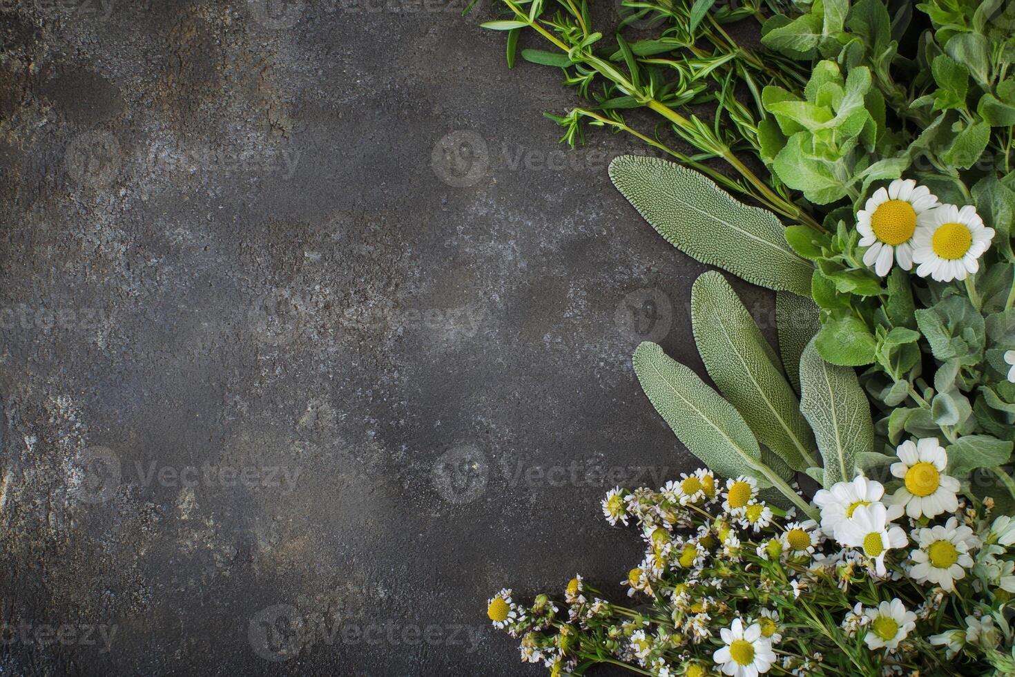 Freshly gathered sage, rosemary, and chamomile herbs artfully arranged for creative expression and culinary exploration photo
