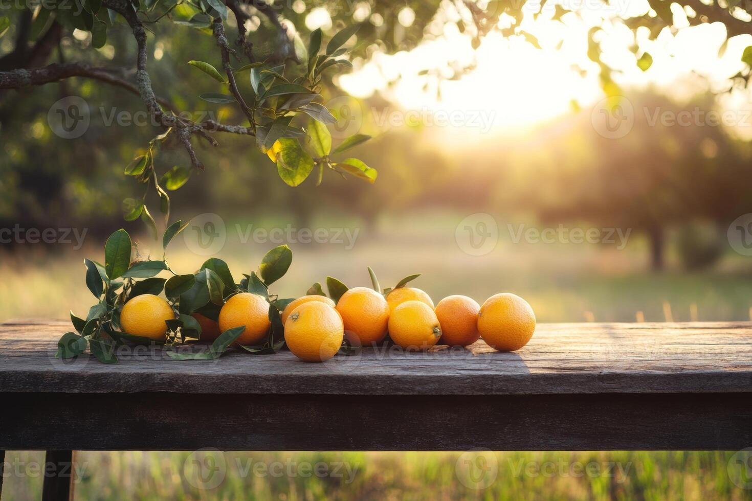 Golden hour citrus fruits arranged on a rustic table with sunlit tree field and beautiful copy space for design photo