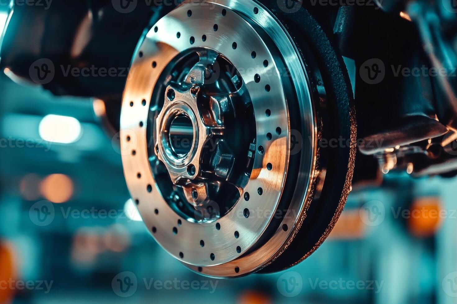 Detailed view of high-performance braking system mechanics for sports cars in automotive workshop photo