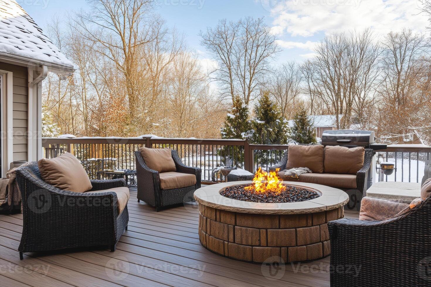 Cozy winter backyard deck with a fire pit and comfortable seating on a wooden terrace in a serene outdoor setting photo