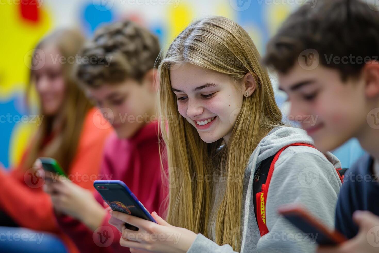 Joyful teenagers interact with smartphones in a lively high school classroom during a break, sharing laughs and discovering new apps together photo