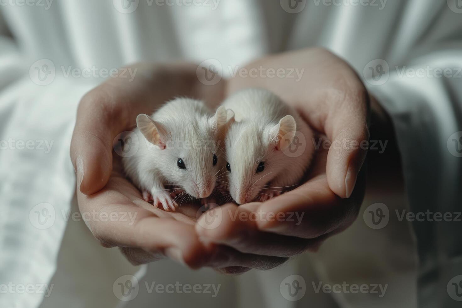 Scientist holds laboratory mice to discuss ethical implications of animal testing in modern research environments photo