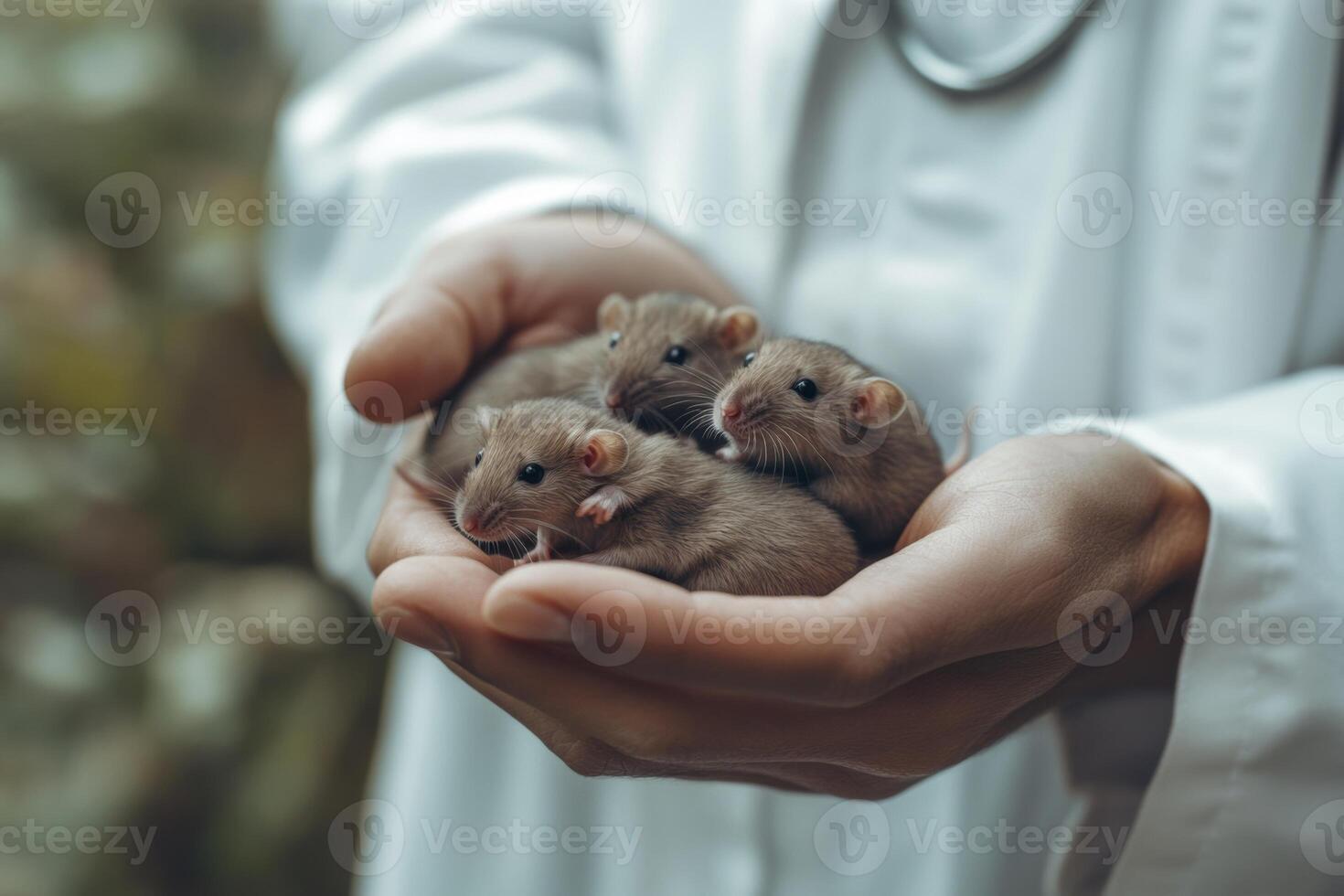 Scientist in a white coat holds laboratory mice in hand, illustrating the concept of animal testing in a research setting photo