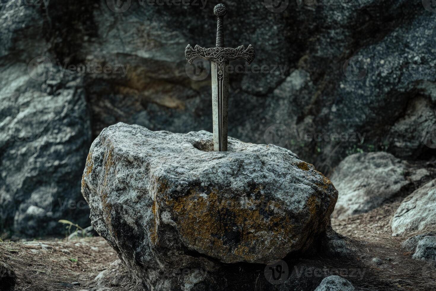 Excalibur the mythical sword embedded in a weathered rock in an ancient forest, symbolizing power and destiny photo