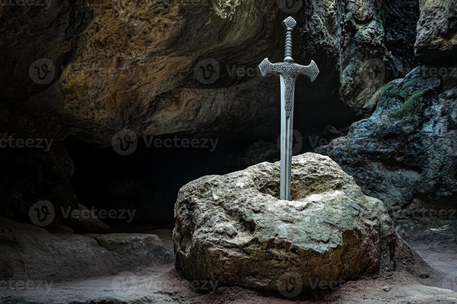Excalibur the legendary sword embedded in rock, surrounded by ancient cave formations in a mystical setting photo