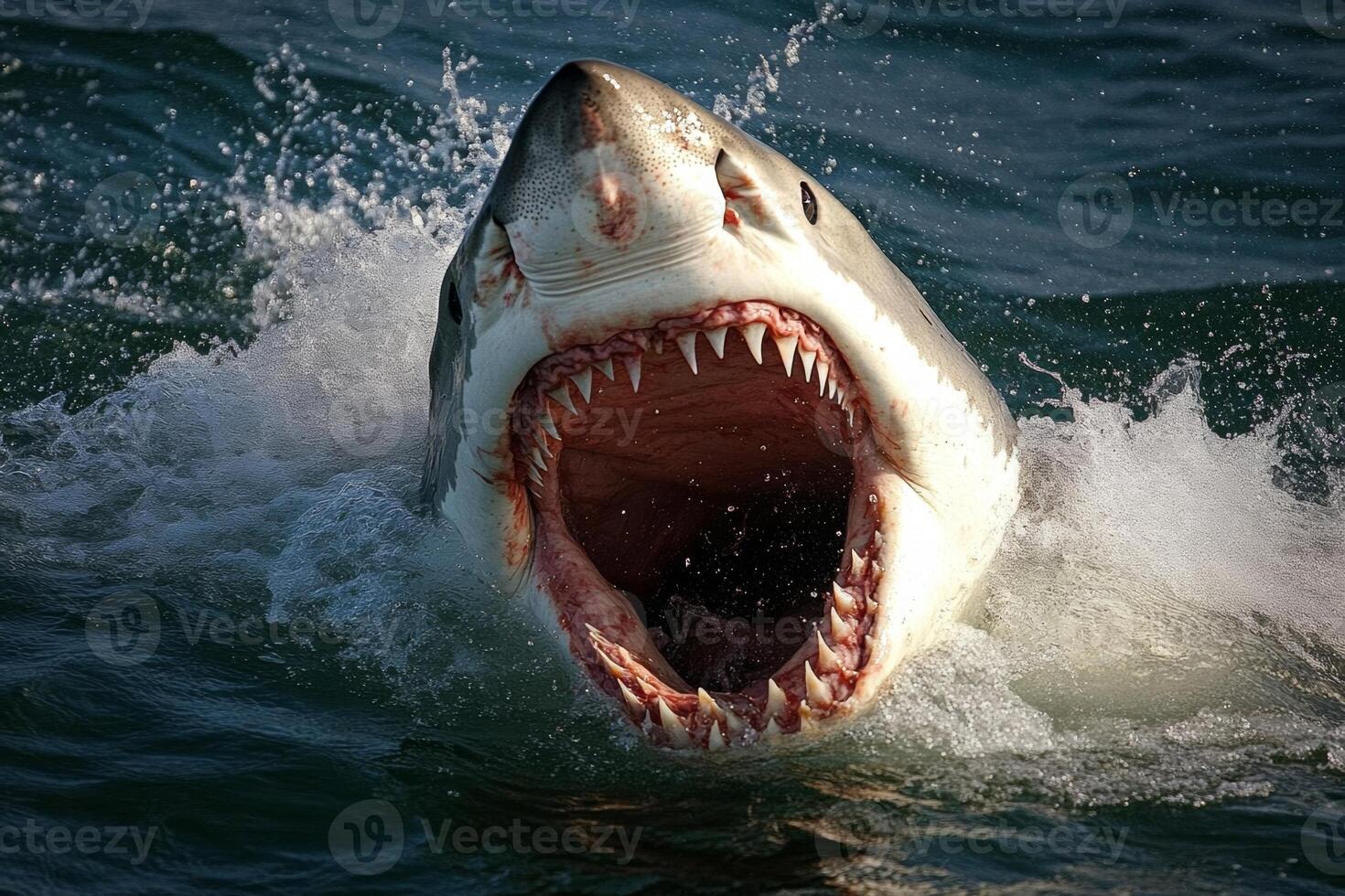 A powerful white shark displaying its massive open mouth while breaching the water's surface in the ocean at midday photo