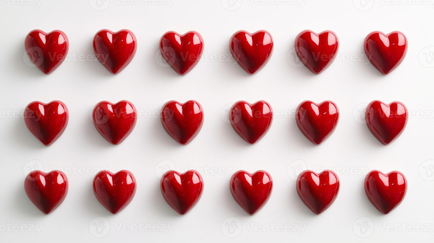 Small red hearts arranged in neat rows create a clean and cheerful pattern on a bright white background, ideal for festive occasions or decoration photo