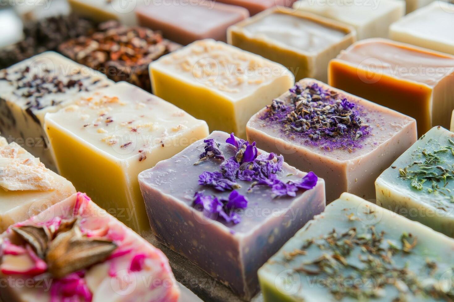 Handmade organic soaps with natural oils showcasing vibrant colors and textures in a serene arrangement photo