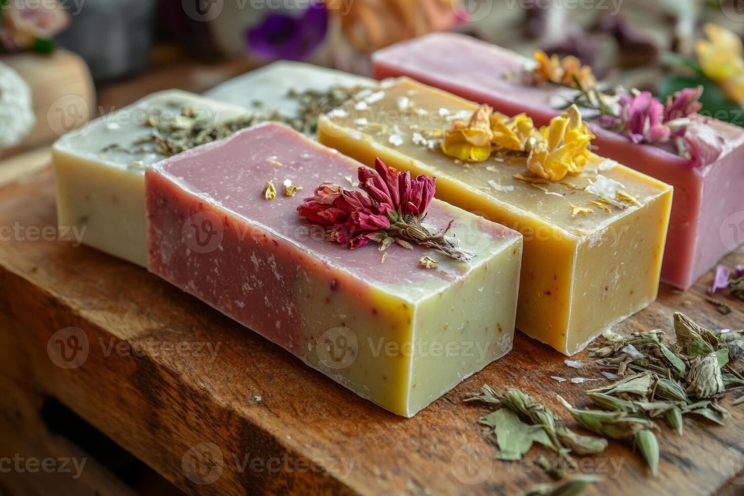 Handmade organic soap bars with natural botanical ingredients for skin care and aromatherapy on a wooden surface photo