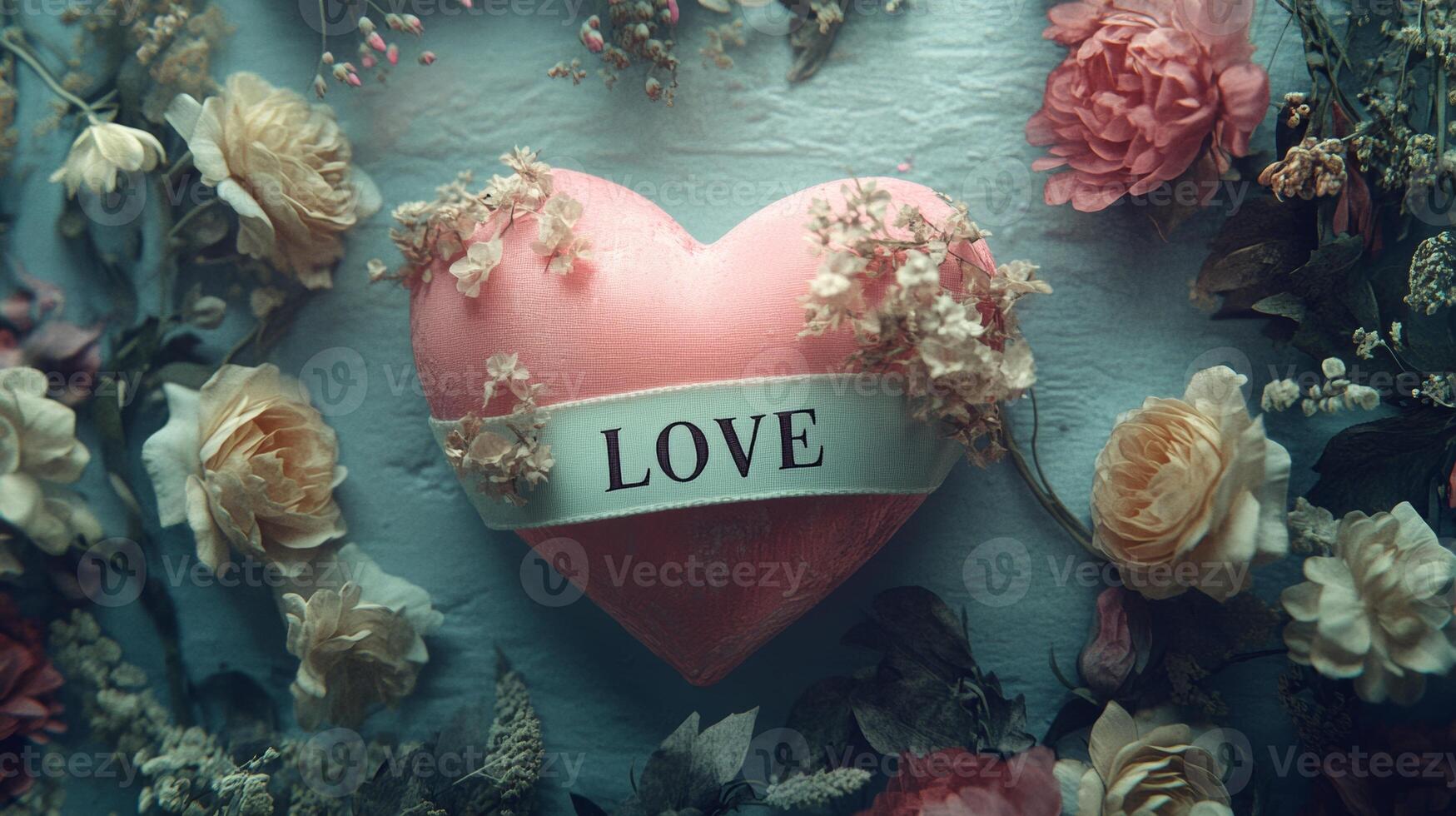 A pastel heart with a love ribbon surrounded by delicate floral details creates a charming display perfect for expressing affection and care photo