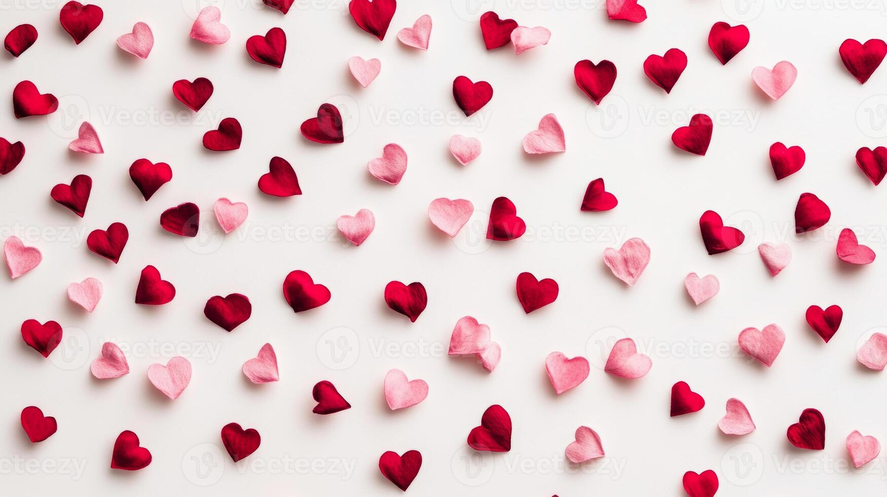 Playful pattern of scattered red and pink hearts on a white background creates a lively and cheerful atmosphere for celebrations photo