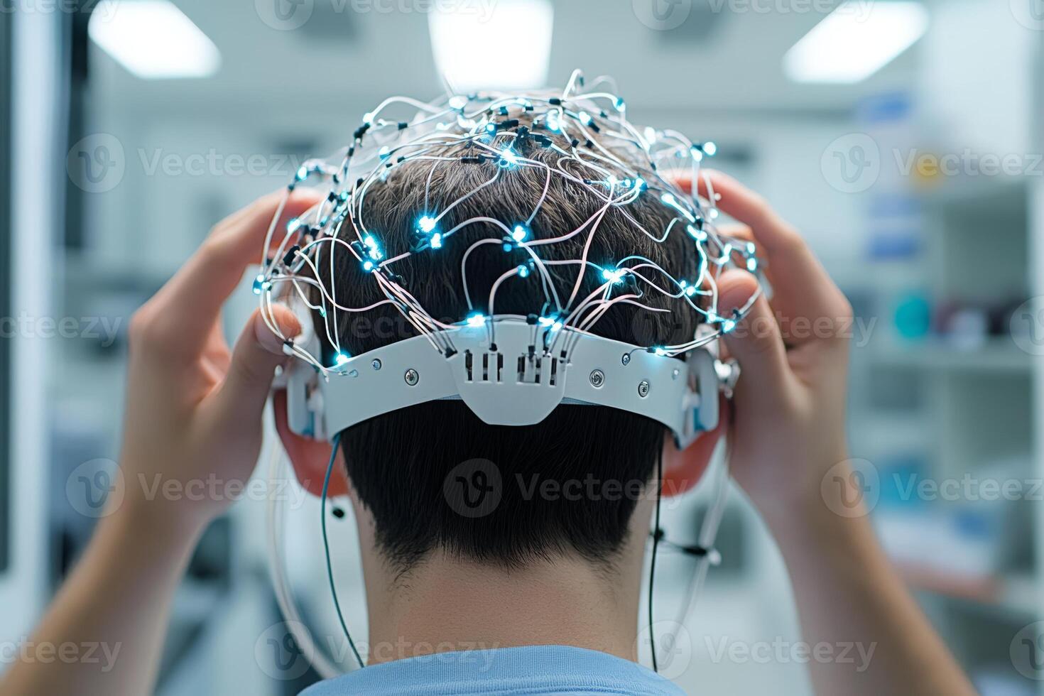 A person engages in brainwave monitoring using an EEG sensor in a high-tech lab environment, demonstrating advancements in neuroscience research photo