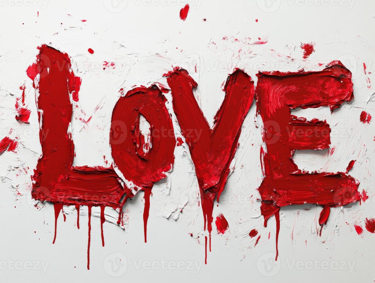 Bold red paint spelling love in an artistic style creates a striking visual against a white background, conveying emotion and passion photo