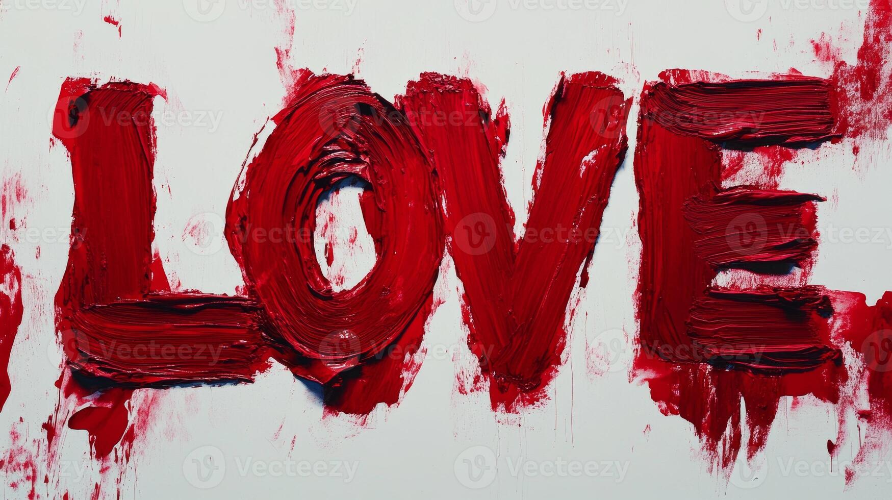 Bold red paint spelling out love on a clean white background, showcasing artistic expression and vibrant color contrast photo