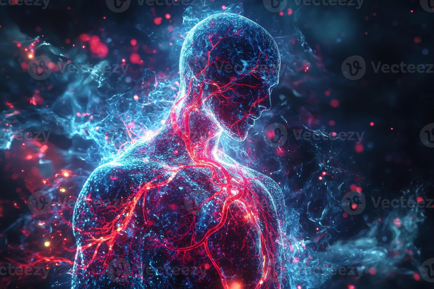 Bright red and blue veins illustrate the human circulatory system in a vivid generative art representation of vascular dynamics photo